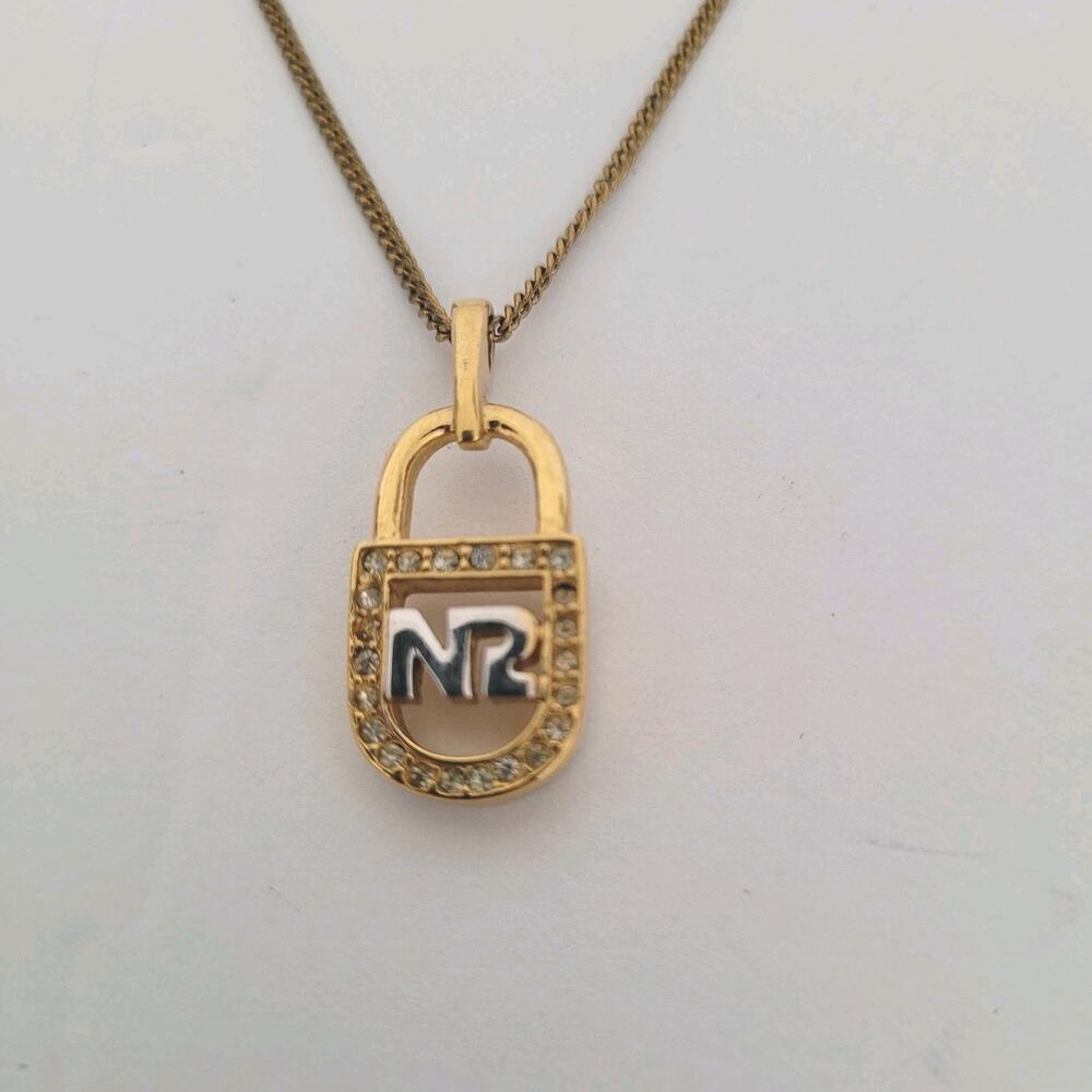 Vintage Nina Ricci NR Lock Pendant Necklace Reighstones 15” Gold Tone Chocker